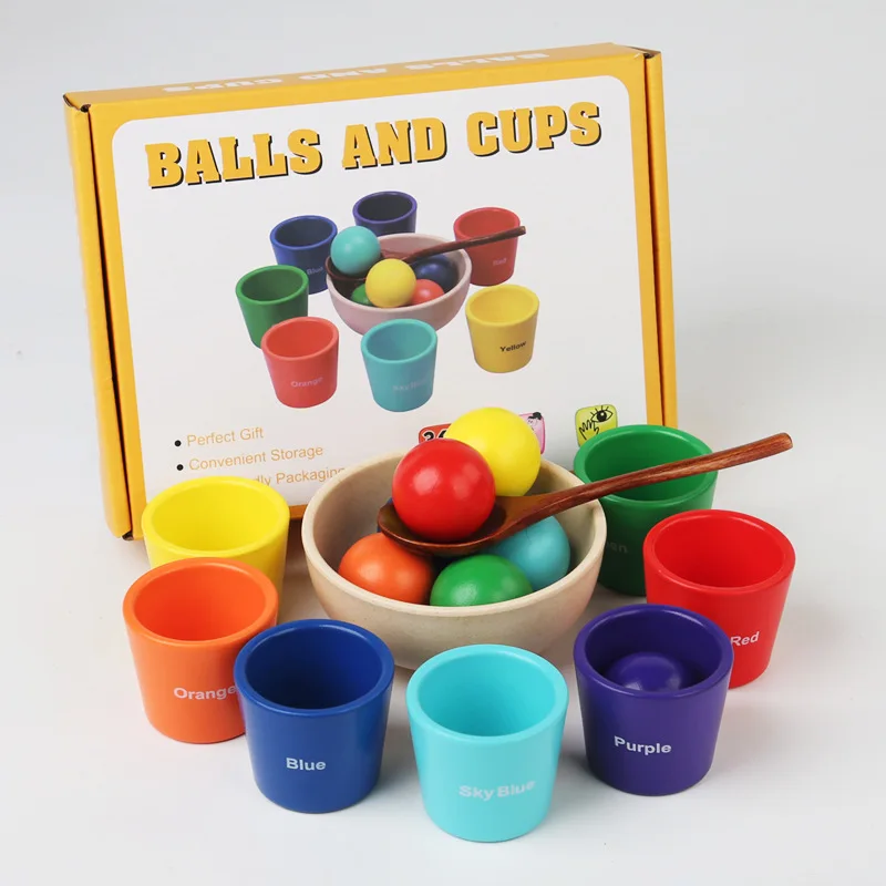 Jouet éducatif Montessori pour bébé, 7 couleurs, arc-en-ciel, boule et tasse en bois, classification des documents, exercice de motricité fine, cadeau d'apprentissage