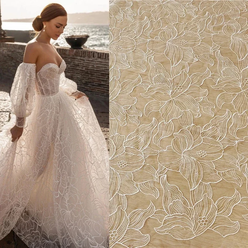 

Off White Tulle / Net Flower Embroidery French Bridal Wedding Dress Lace fabric DIY Sewing Fabric Designer Fabric By The Yard