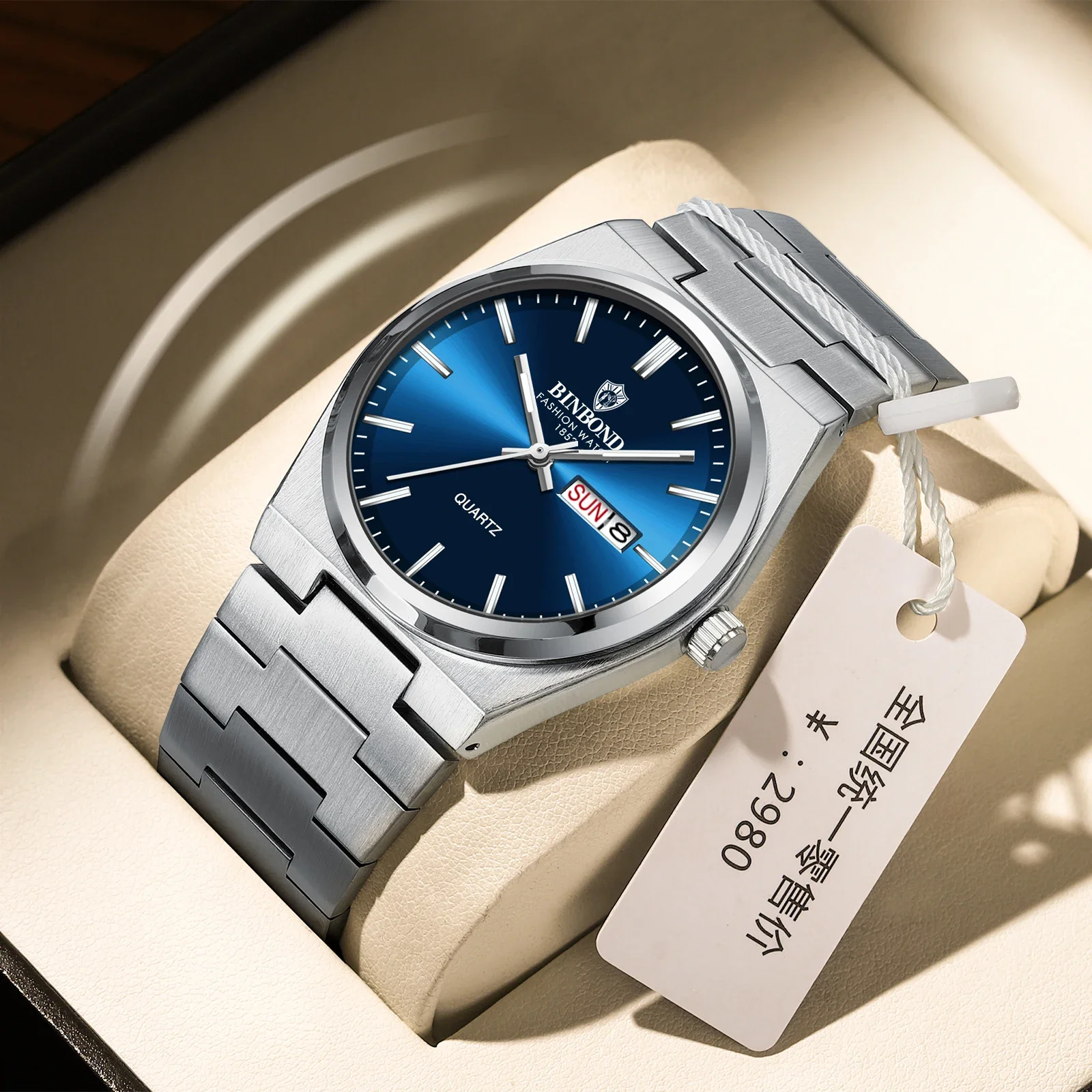 BINBOND Top Brand B102 New Stainless Steel Buckle Men's Business and Leisure Quartz Watch Thin Double Calendar Men's Watches