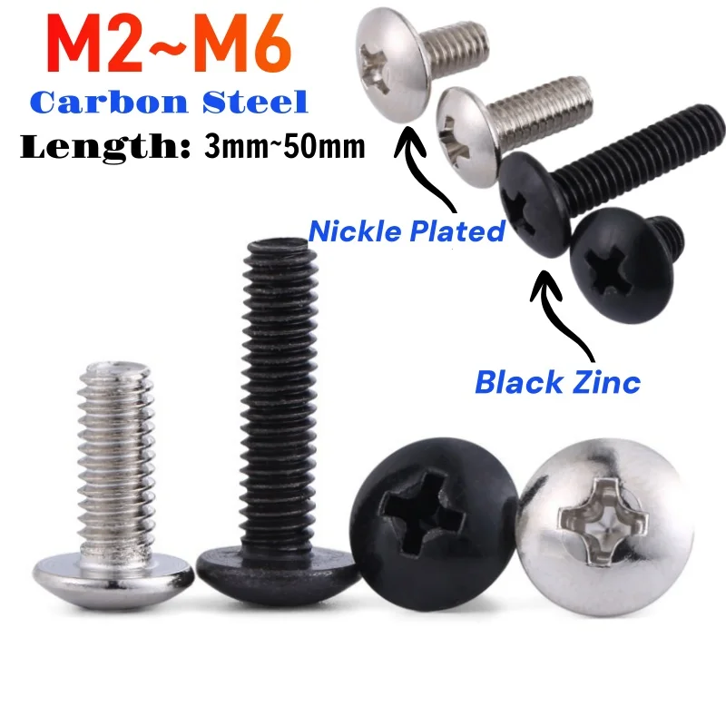 Beicai M2~M6 Phillips Truss Head Large Flat Round Screw Mushroom Big Flat Screw Black Zinc/nickle Plated Carbon Steel