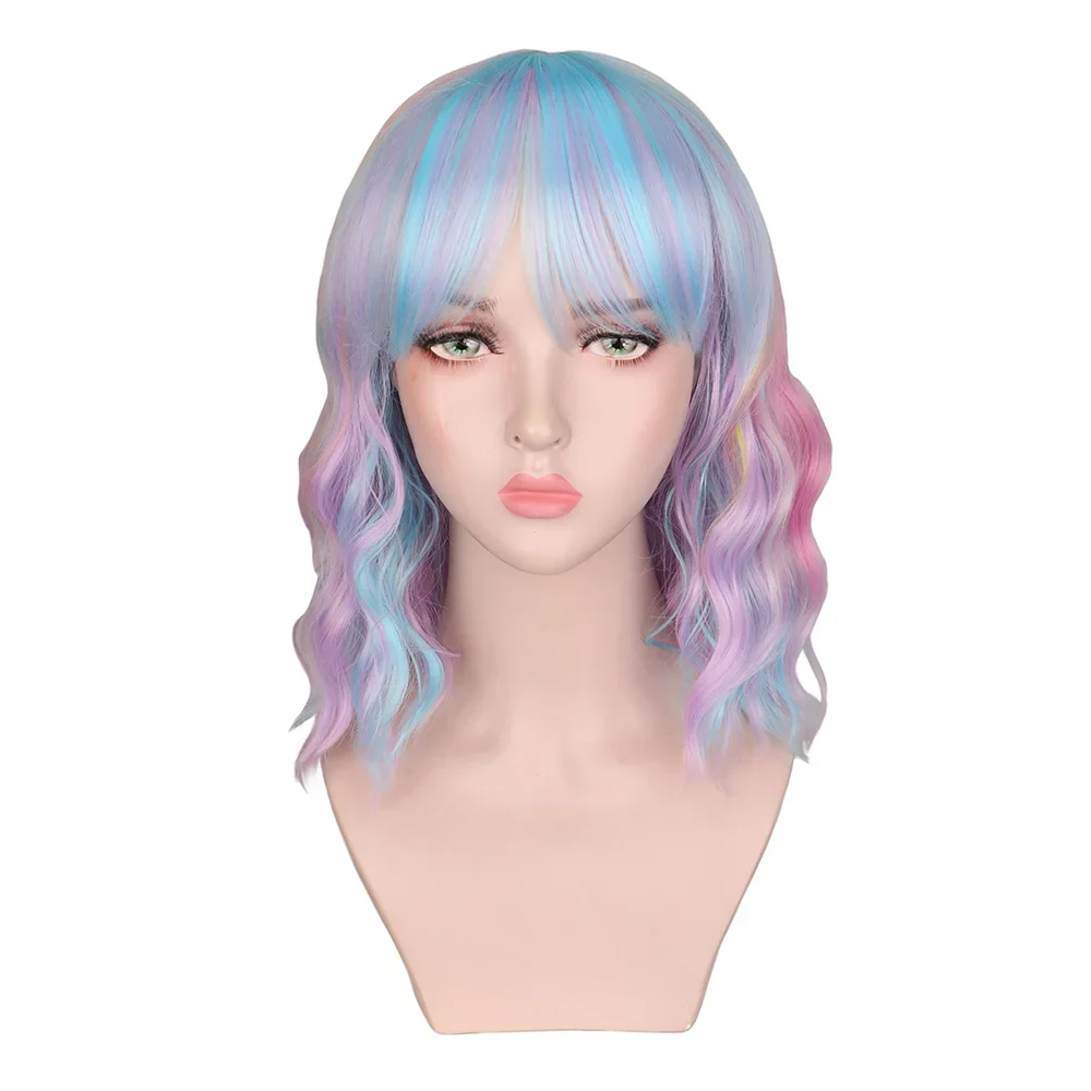 

QQXCAIW-Perruques Synthétiques Courtes Bouclées pour Femme, Cosplacy Multicolore, Rose, Bleu, Jaune, Violet, Degré de Chaleur