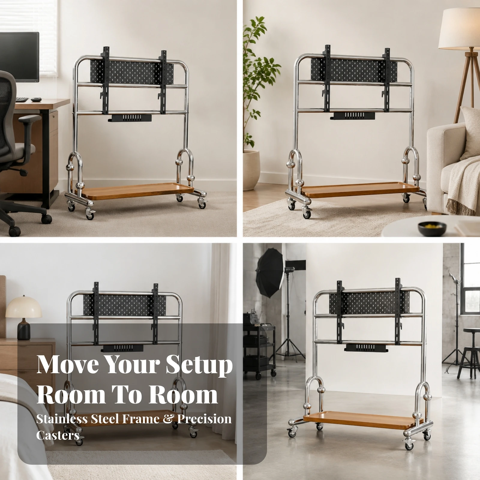 Freestanding Mobile TV Stand with Storage Shelf Sturdy Stainless Steel Frame TV Stand with Wood-Grain Shelf Long-Lasting Stable