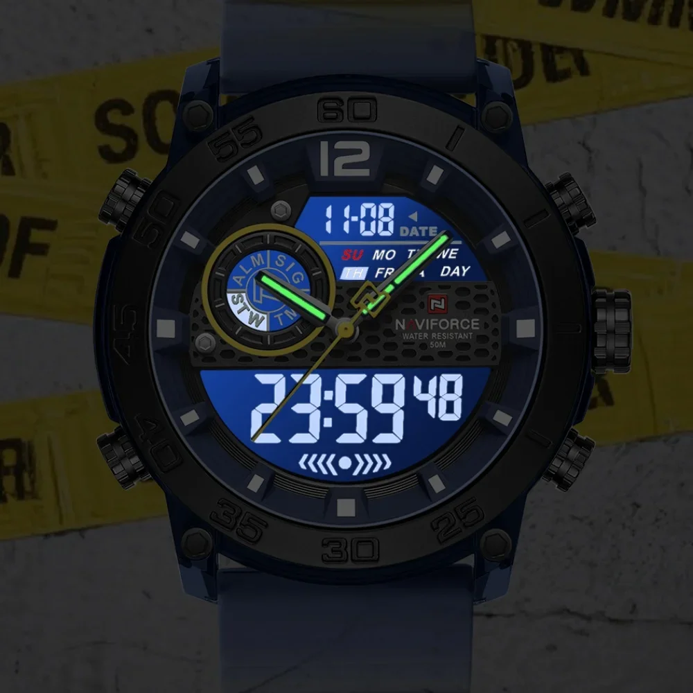 NAVIFORCE ساعة توقيت كوارتز جديدة متعددة الوظائف للرجال خفيفة الوزن ساعة معصم رياضية عرض مزدوج الوقت ضوء الليل ساعات للأولاد