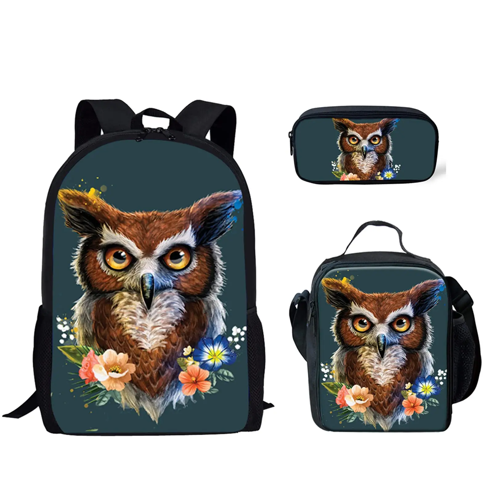 Cartoon Owl Flower Pattern School Bag Set Large Capacity Backpack Laptop Daypack for Student Teen Girls Boys Elementary Book Bag