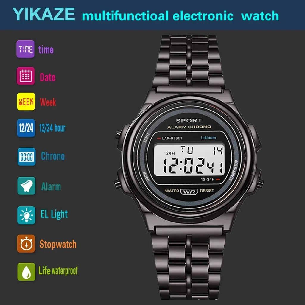 YIKAZE-Relógio Digital Masculino de Aço, Relógio Eletrônico de Pulso, Relógio Esportivo para Homens e Mulheres, Relógios Digitais, Chrono, Classic