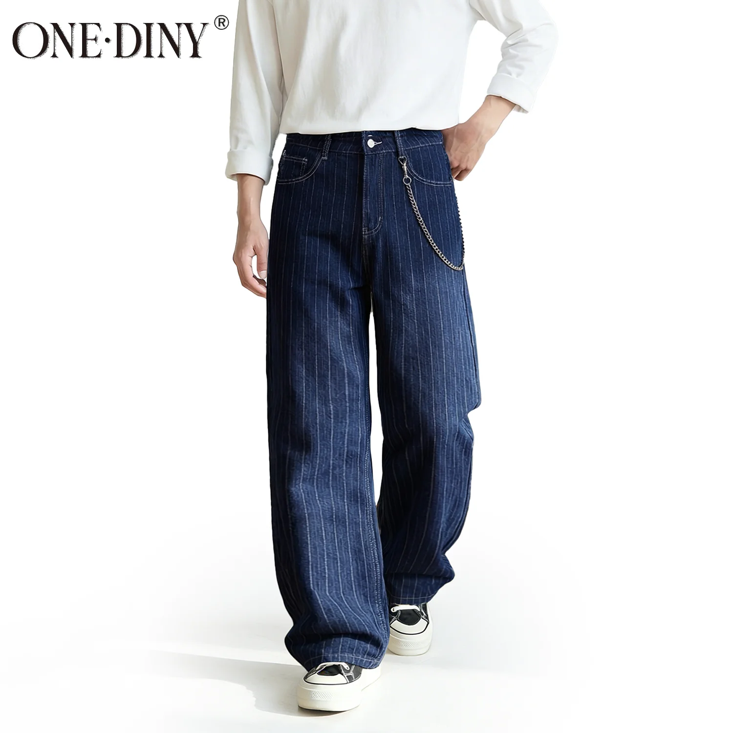 ONE·DINY Japanese-Korean Style Striped Pair Jacquard Straight Leg Men's Jeans Retro Striped Business Straight Denim Pants