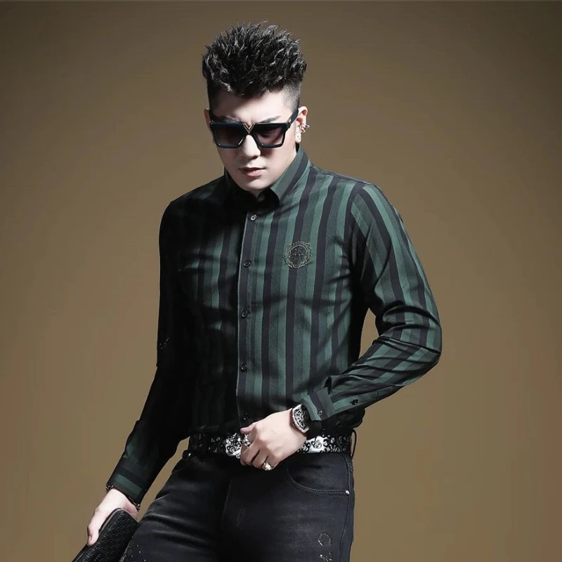 Male Shirts Green Business Men's Shirt Striped Sale Regular Original New in I Cotton Elegant Designer High Quality Luxury Tops