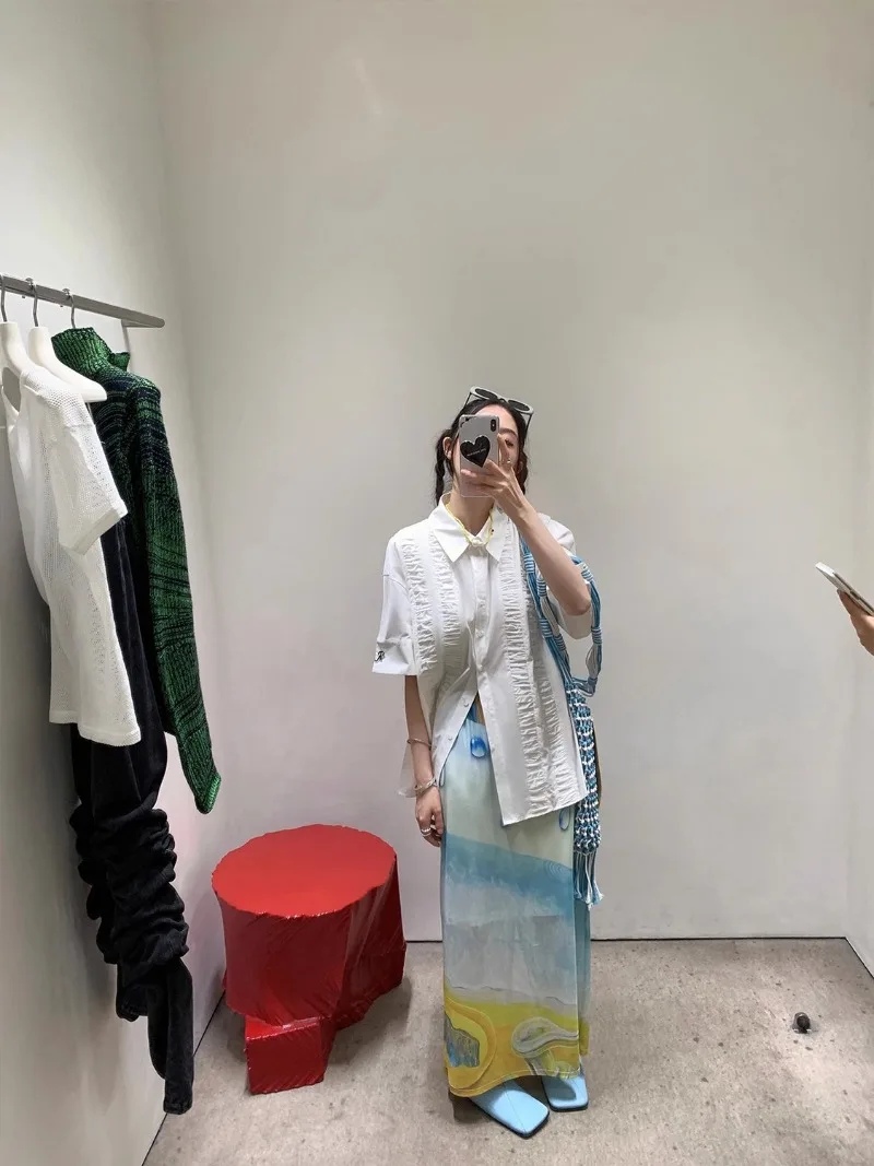 2025 Spring Autumn New Printed Half Length Skirt for Women's Summer High Waist Tulle Long Skirt Woman Split Straight Skirt