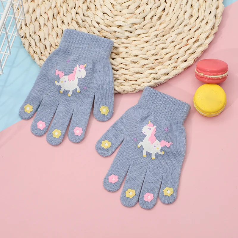 5-12 Years Kids Cartoon Gloves Cute Unicorn Winter Thick Warm Boy Girl Five Fingers Mittens Outdoor Windproof Student Gloves