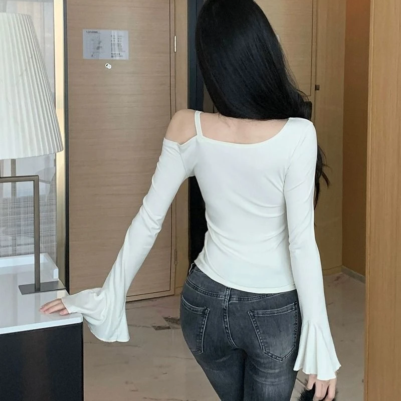 Spring Autumn Cotton Flare Sleeve T Shirts Women Solid Bodycone Basic Long Sleeve Crop Tops Casual Shirring Off-shoulder Tees