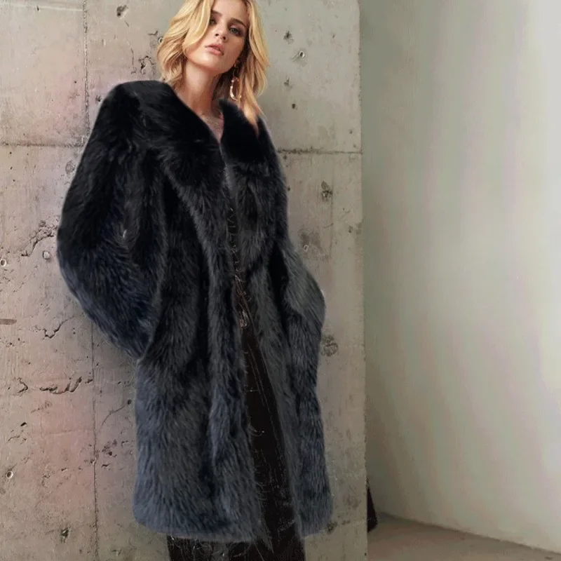 Women Faux Fur Coat Fall-Winter 2024 Thickened Shaggy Warm Jacket Fashion Lapel Long Cardigan Elegant Party Wear Available 4XL