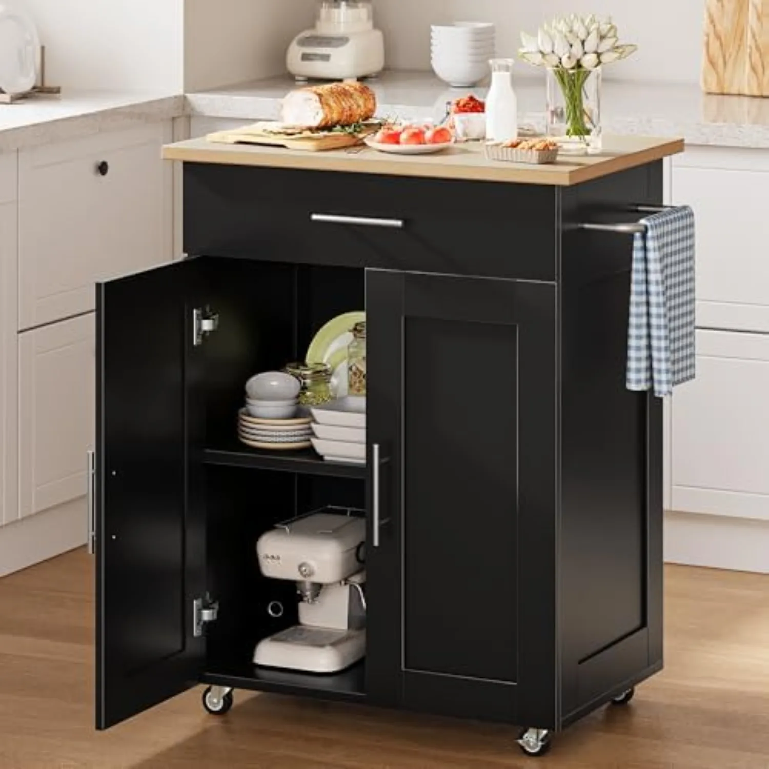Mobile Kitchen Island on Wheels, Large Drawer, Black | On Wheels, Large Drawer, Adjustable Shelf, Towel Rack, Rolling