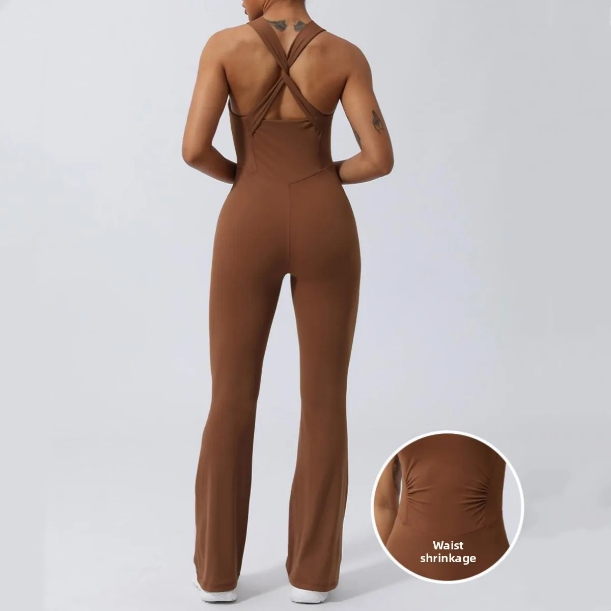 One Piece Women Yoga Jumpsuit Crisscross Back Ruched Waist Tummy Control Flared Leg Bodysuit Gym Pilates Workout Athletic Wear