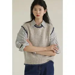 Casual Gray Sweater Vest Women Vintage Korean Japanese Preppy Old Money Style Two Piece Sets Knitted Top Striped Shirts