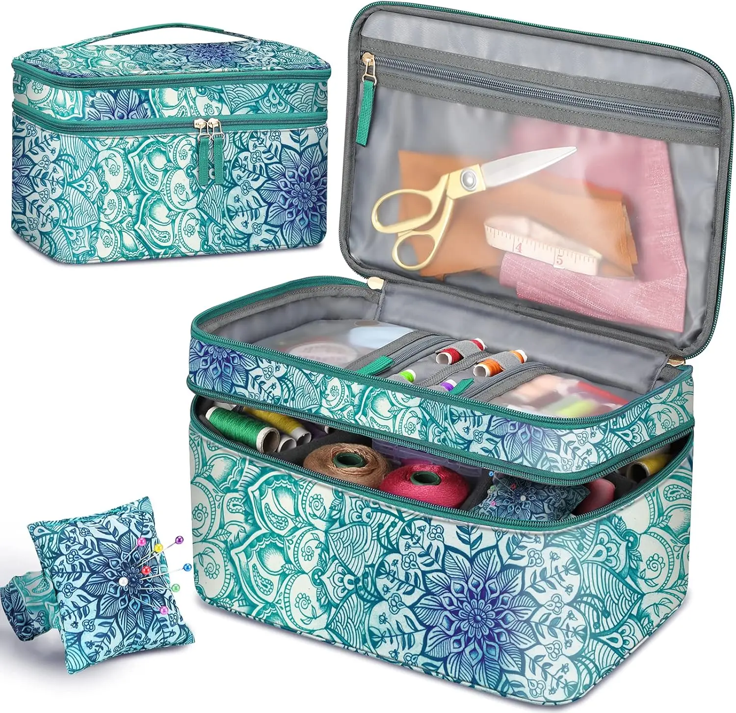 

Double-Layer Sewing Kit Carrying Bag with Wrist Pin Cushion for Threads, Needles, Embroidery Floss Supplies