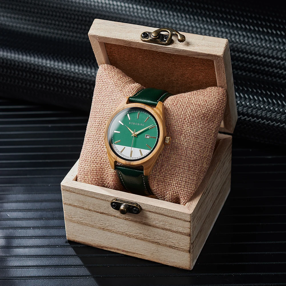 BOBO BIRD العلامة التجارية الفاخرة reloj hombre مضيئة تاريخ خشبي الرجال الكوارتز ساعات المعصم جلد طبيعي الرجال الساعات أفضل هدية