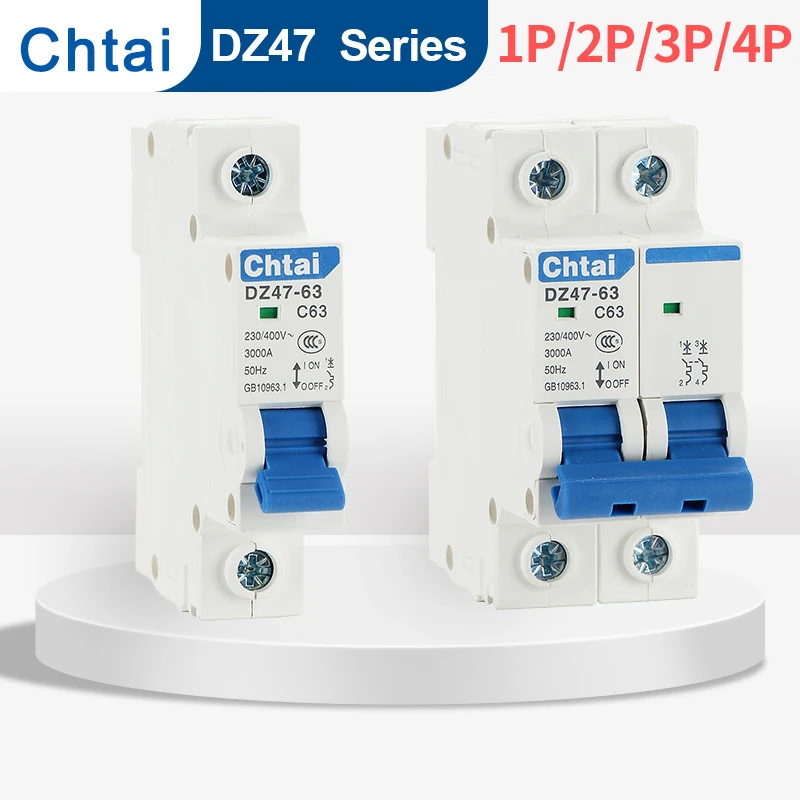 MCB DZ47-63 1P 2P 3P 4Pole C45 4.5Ka AC Miniature Circuit Breaker Household Air Switch 60Hz 10A 16A 20A 25A 63A C type Overload