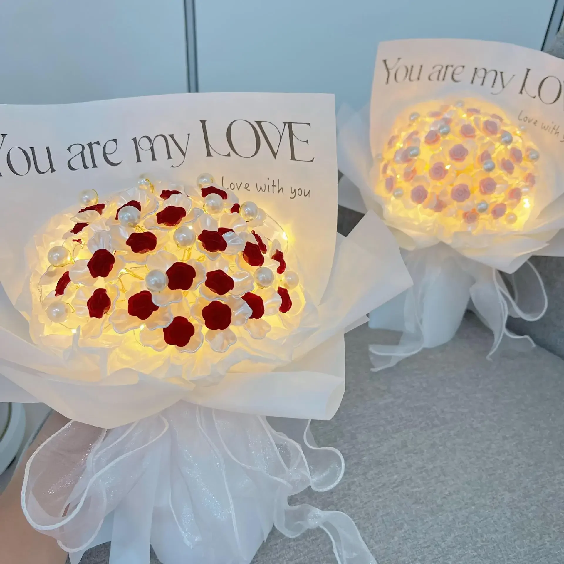 DIY Rose Bouquets Handmade  Flower Material Package Bouquet with Light String Wedding Decor Gift for Girlfriend