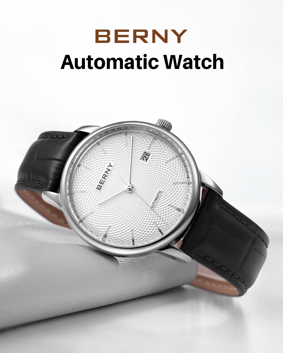 BERNY Automatikuhren für Herren, luxuriöse klassische mechanische Herrenuhr, gewölbtes Glas, Kalender, elegante, schlanke Armbanduhr – Detail 1