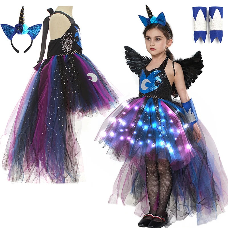 

Halloween Cosplay Kids Floor Length Tail Unicorn Dress for Girls Nightmare Carnival Moon Princess Luna Party Masquerade Costume