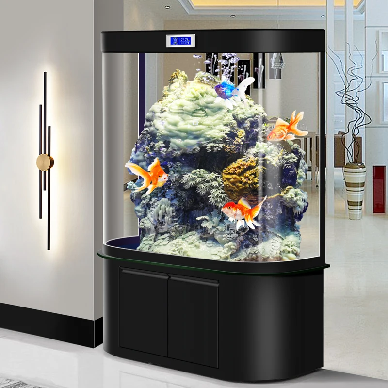 Small ecological internet celebrity fish tank in living room, water free glass goldfish tank, aquarium bottom cabinet