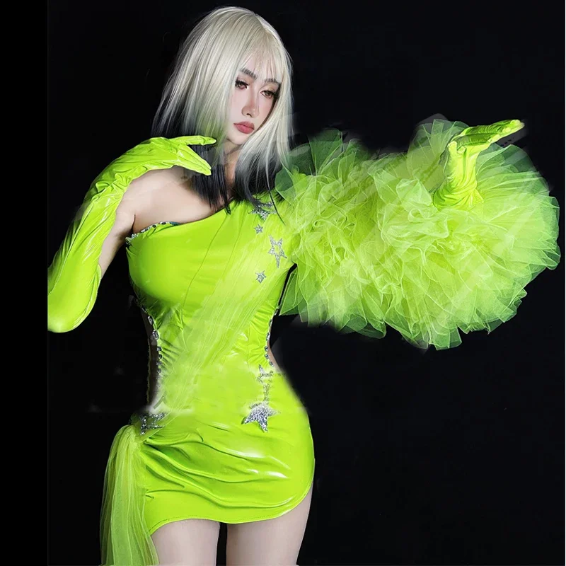 Бар, ночной клуб, Dj Ds, одежда для танцев на пилоне, флуоресцентное зеленое кожаное платье, сексуальные костюмы танцовщицы Gogo, женские вечерние костюмы для рейва, XS7963