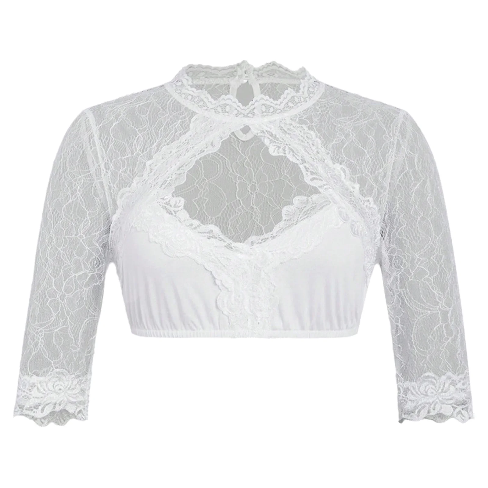 

Women Dirndl Blouse Sheer Floral Lace Half Sleeve Front Hollow-out Crop Top Bavarian Oktoberfest Costume for Party Festivals