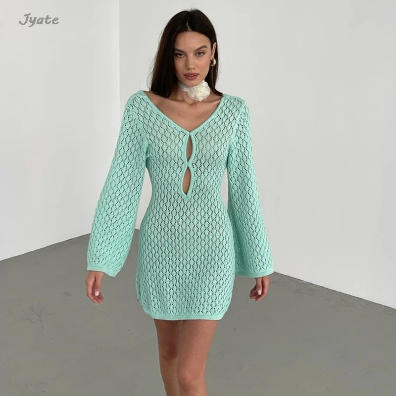 2024 New Summer Hollow Flare Long Sleeve Beach Vestidos Vacation Sheer Backless Short Dress Solid Sexy Bikini Swimsuit Cover Up