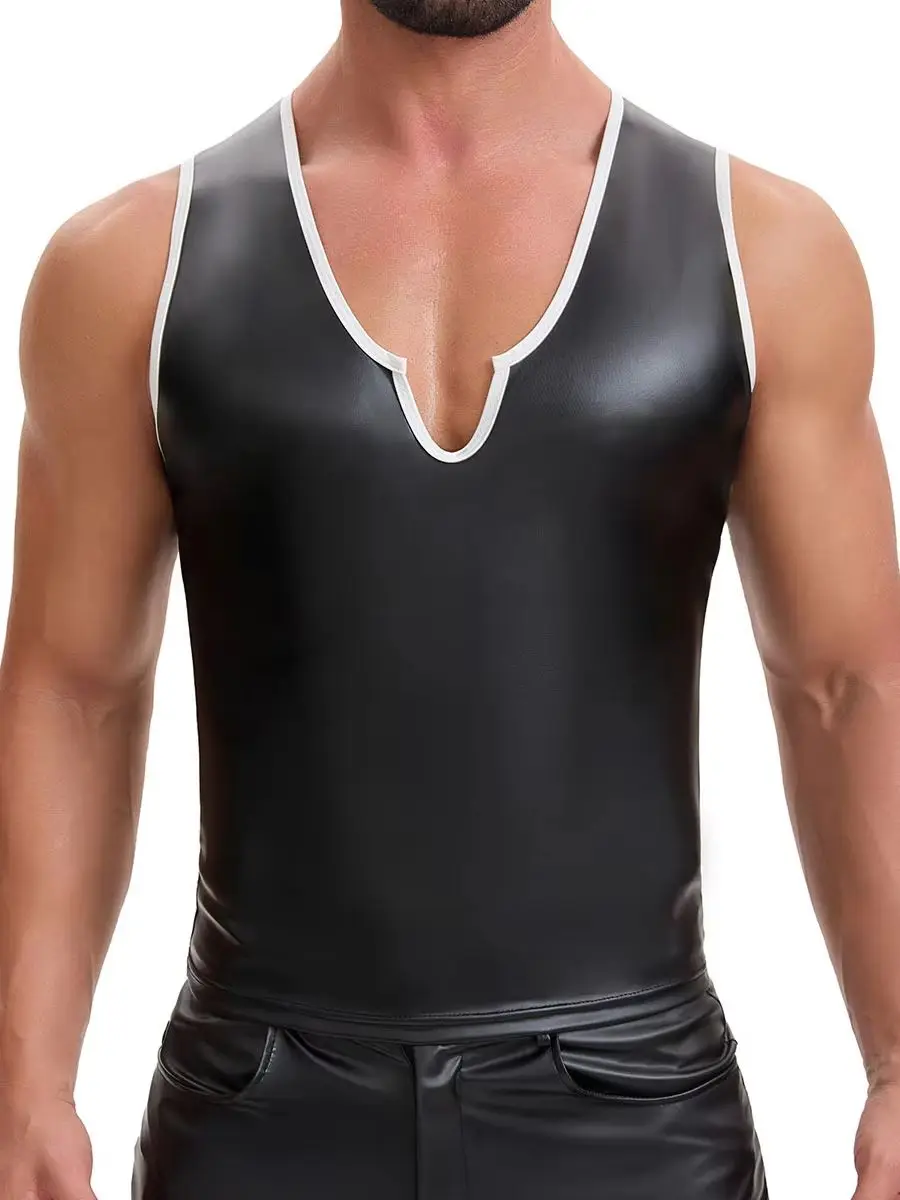 S-7XL Elastic PU Leather Tank Tops Sleeveless V-neck Shirts Tights Mens Gym Fitness Tanktop Bodybuilding Shapers Vest Waistcoat