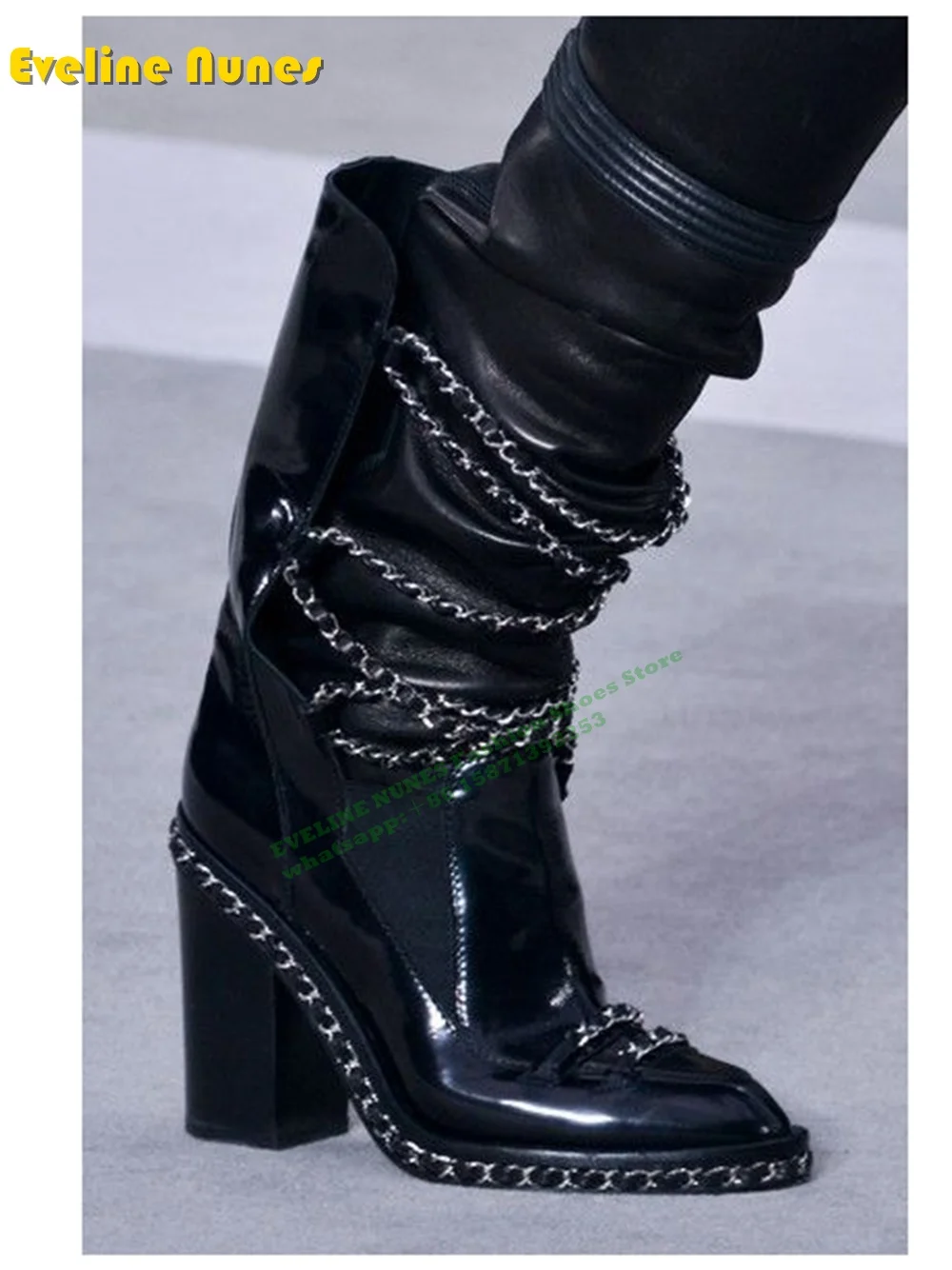 Black Chain Decor Patent Leather Boots 2024 New Style Pointer Toe Rivet Chunky Heels Solid Cut Out Patch Zip Fashion Ankle Boots