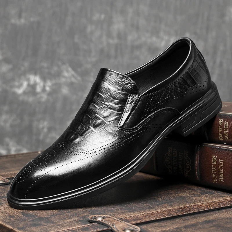 

Classic Black Men's Top Layer Cowhide Business Lace Up Casual Leather Shoes Fashion Brand Mens Pointed Comfortable Wedding Shoes