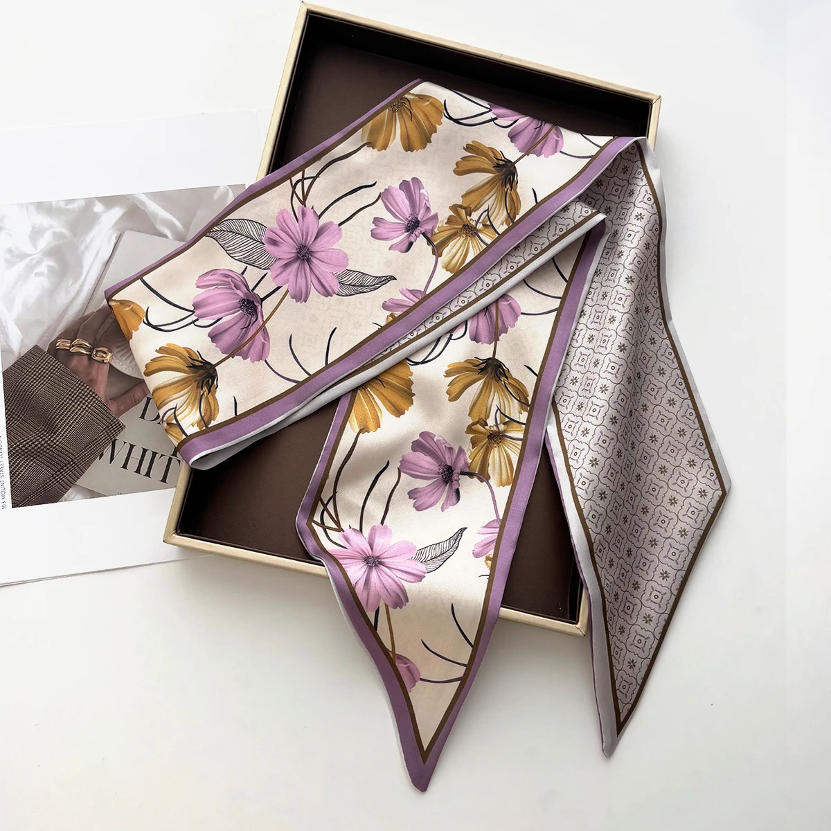 Luxuriöse schmale Schals für Damen, Retro-Haarband, Schalband, Halstuch, modisches Blumenmuster, Handgelenksgürtel, Halstuch – Detail 2