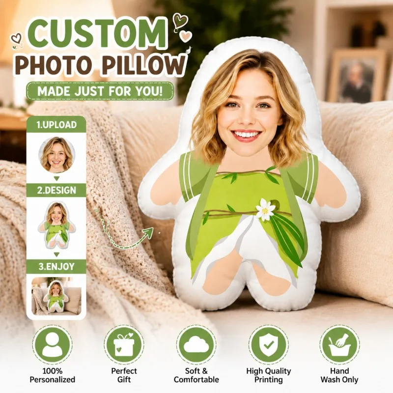 Custom Personalized Photo Face Pillow, Smiling Blonde Woman Green Outfit Custom Shaped Decorative Cushion, Unique Home Decor Acc