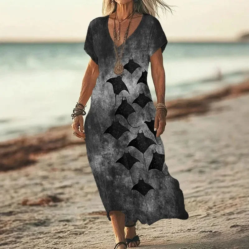 Vintage Manta Ray Art Print V-neck Dress 3D Printed Casual V-neck Dress Female Dresses