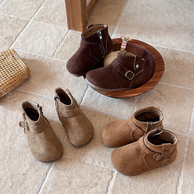 Toddler Girls Faux Suede Ankle Boots, Vintage Metal Buckle Strap Short Boots, Flat Sole Kids Casual Boots for Autumn Winter