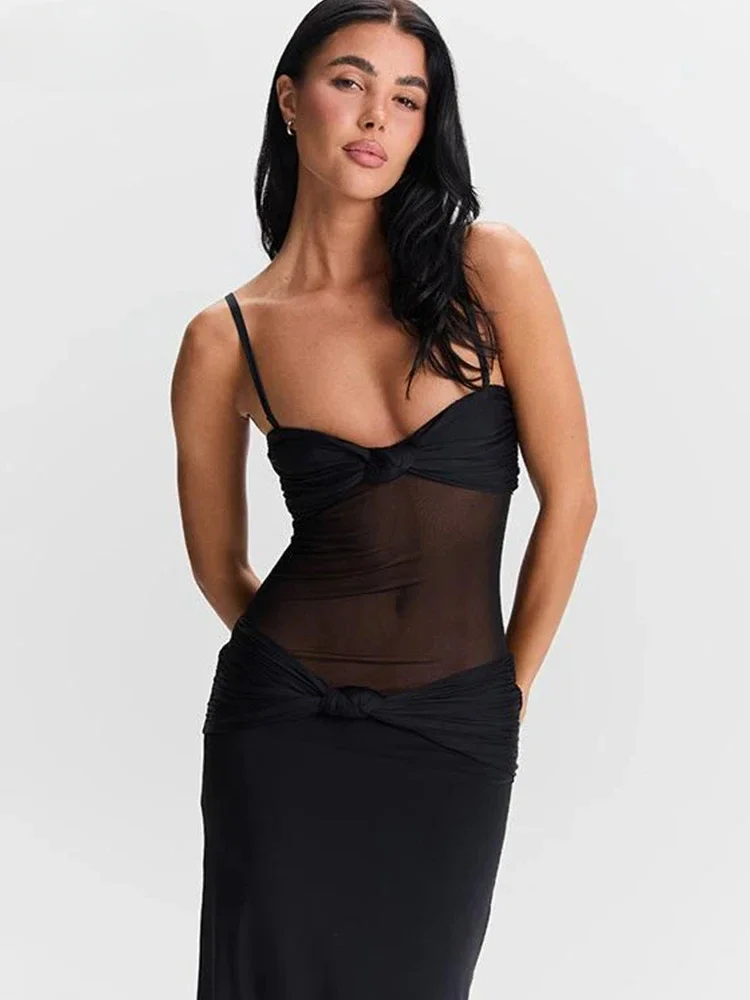 فستان ماكسي نسائي بحمالات شبكية لعام 2025 مثير شفاف من خلال ربطة عنق منخفضة الرقبة بدون ظهر فساتين حفلات عصرية للسيدات