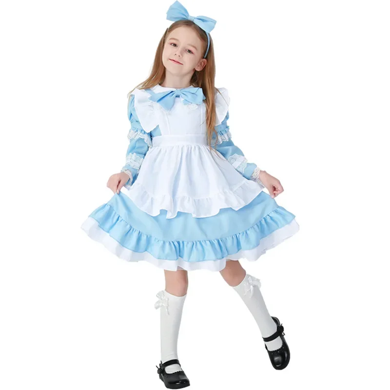 Umorden śliczne Lolita pokojówka kostium sukienka Wonderland Alice Cosplay dla nastoletnich dziewcząt dziewczyna kobiety Halloween niebieski OA3786