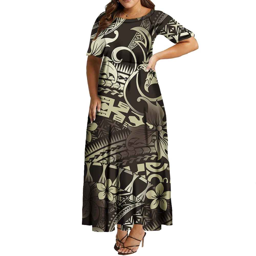 

Plus Size Female Outfits O-neck Hawaiian Flowers Elegant Ladies Long Dresses Polynesian Custom Women Dress