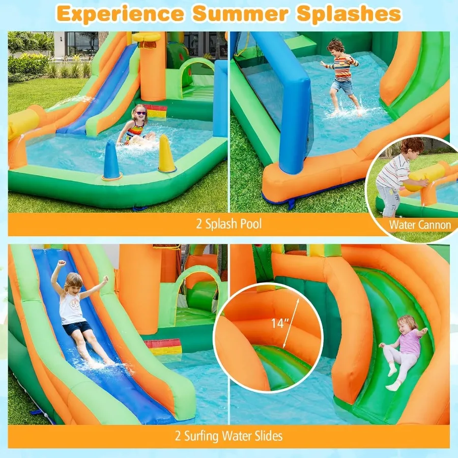 منزلق مائي قابل للنفخ، حديقة مائية 9 في 1 مع بوابة كرة قدم، شريحتين، مسدس مائي لحمام السباحة، حافة كرة السلة، خارجي I