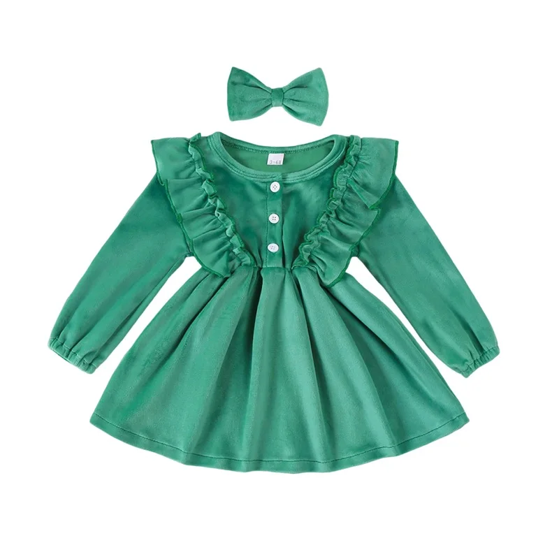 Girls Velvet Dress Ruffled Trim Long Sleeve Button-up Dresses Bow Headband Adorable Outfits