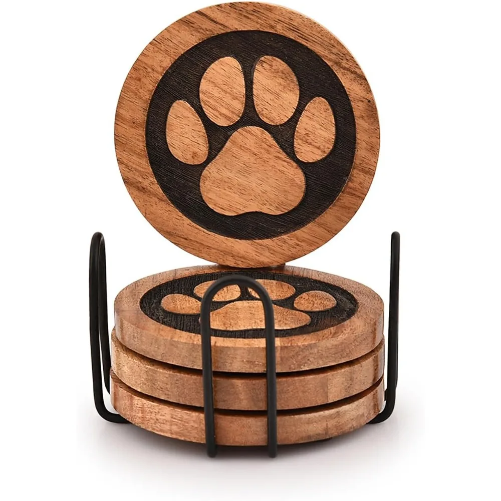 

Coasters Set Of 4 Wooden Paw Coaster With Iron Holder Stand For Table Protection, Home Decor, Housewarming Gift (4 X 4 X