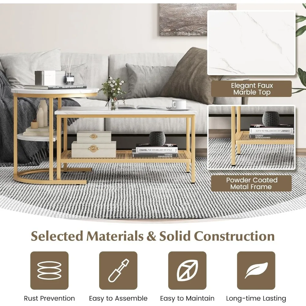 Modern Round Nesting Coffee Table Set with Faux Marble Top and Storage Shelf, 2-Piece Contemporary End Table Set