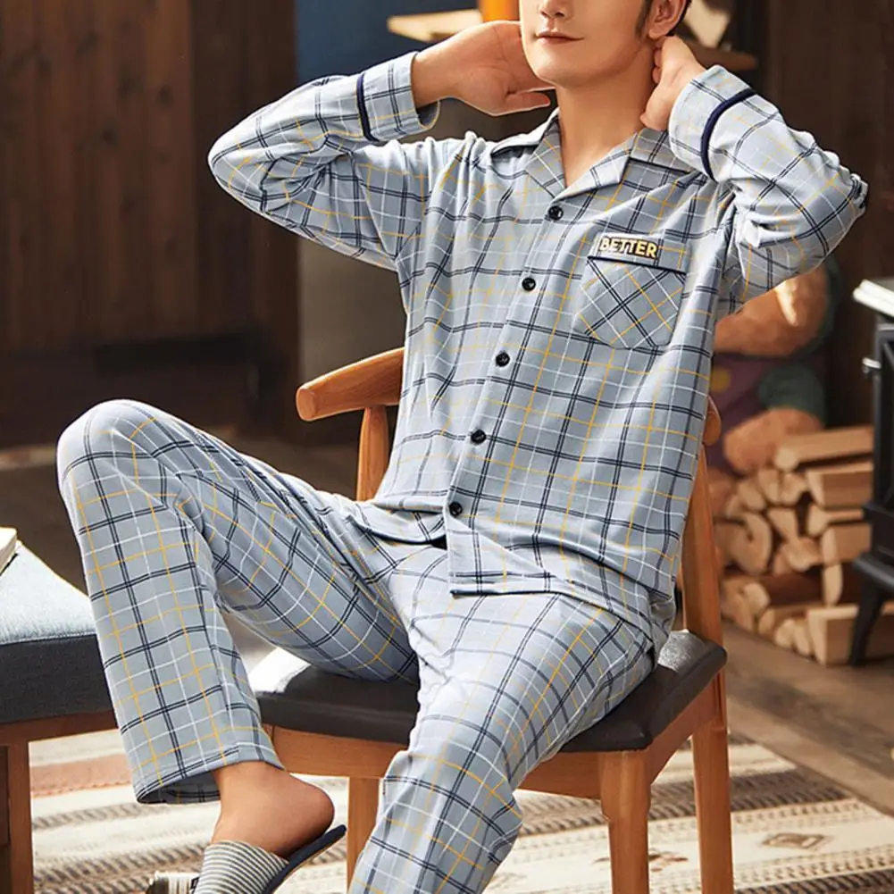 Pijama de algodão de manga comprida masculino, pijama de lapela, roupa de lazer, pijamas masculinos, calças plus size, novas