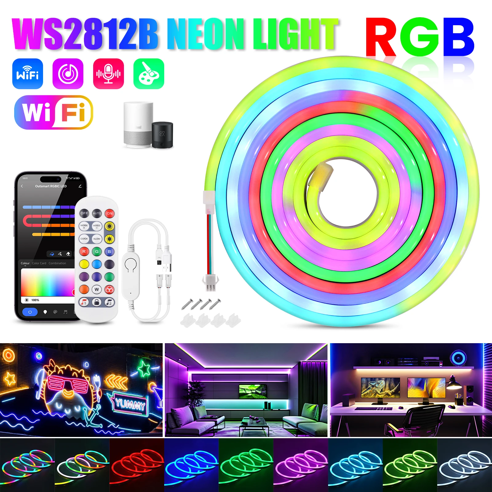 

5V WS2812B RGB Neon Light 7X13MM Full Color Addressable Neon Rope Night Light IP67 Waterproof Neon Strip USB WIFI Remote Control