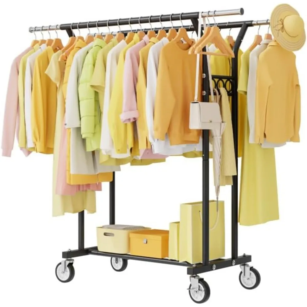 

Heavy Duty Rolling Garment Rack Standing Coat Rack with Wheels Shelves Portable Closet Wardrobe Adjustable Metal Sturdy Cloth