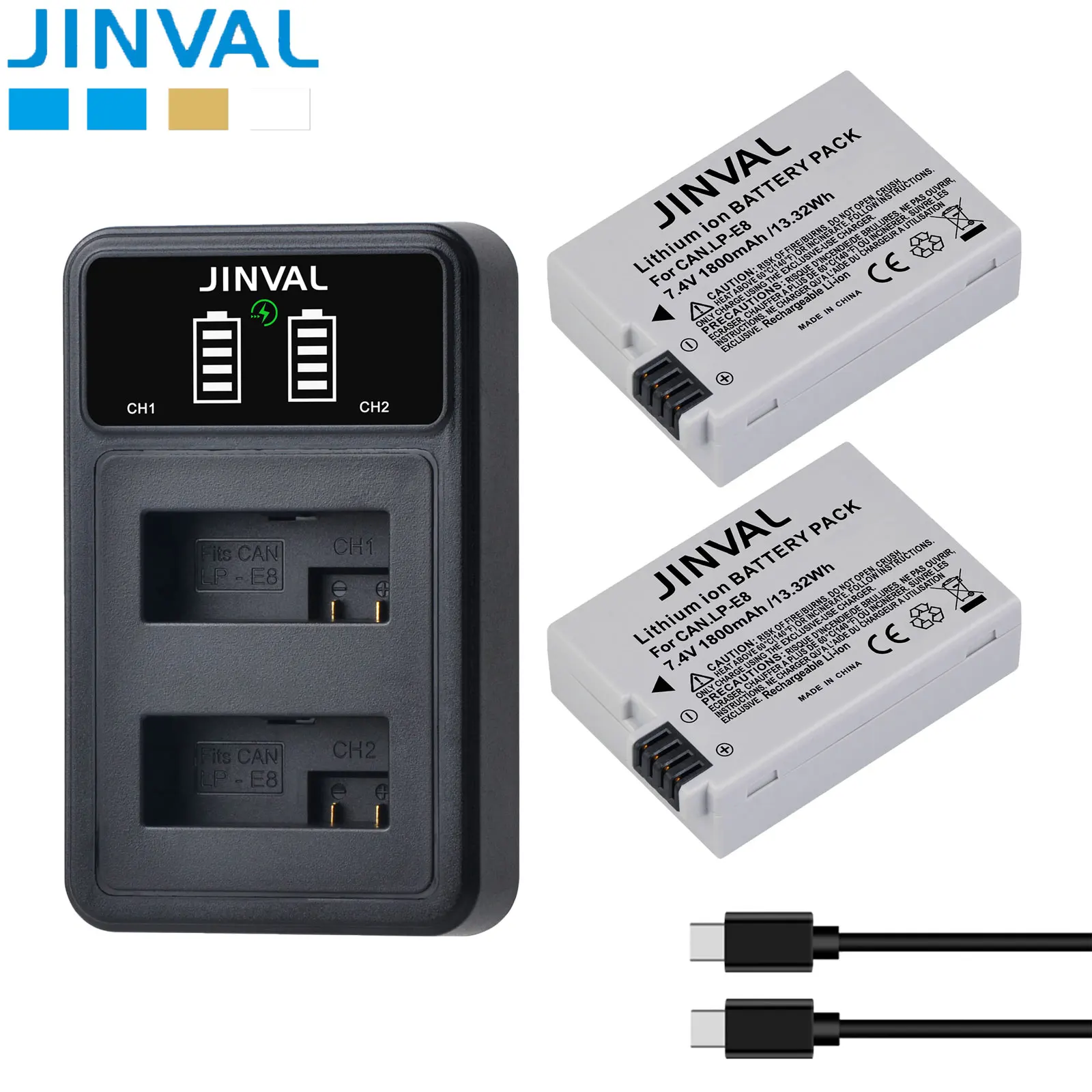 

JINVAL 1800mAh LP-E8 Battery LPE8 E8 Replacement Batteries + PD 20W Fast Dual Charger For Canon EOS 550D 600D 650D 700D T3i X5