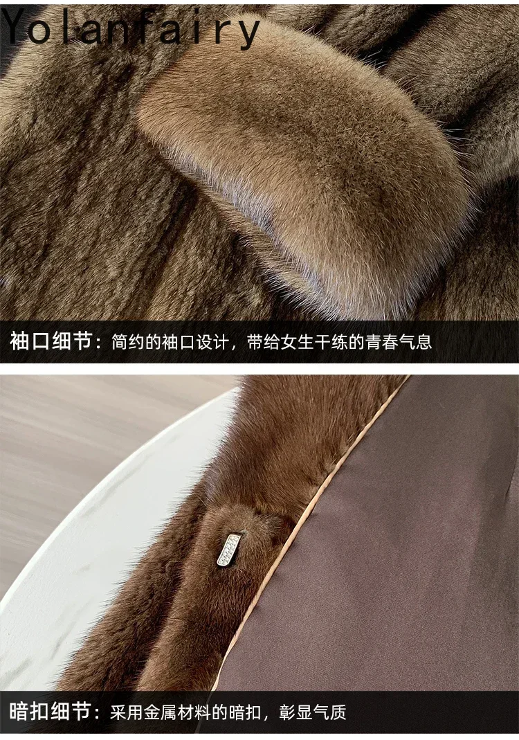 YOLANFAIRY معطف الشتاء الفراء الحقيقي المرأة دعوى طوق المخملية معاطف فرو المنك الكامل للنساء سترات طويلة من الفرو كم سحب الدانتيل يصل