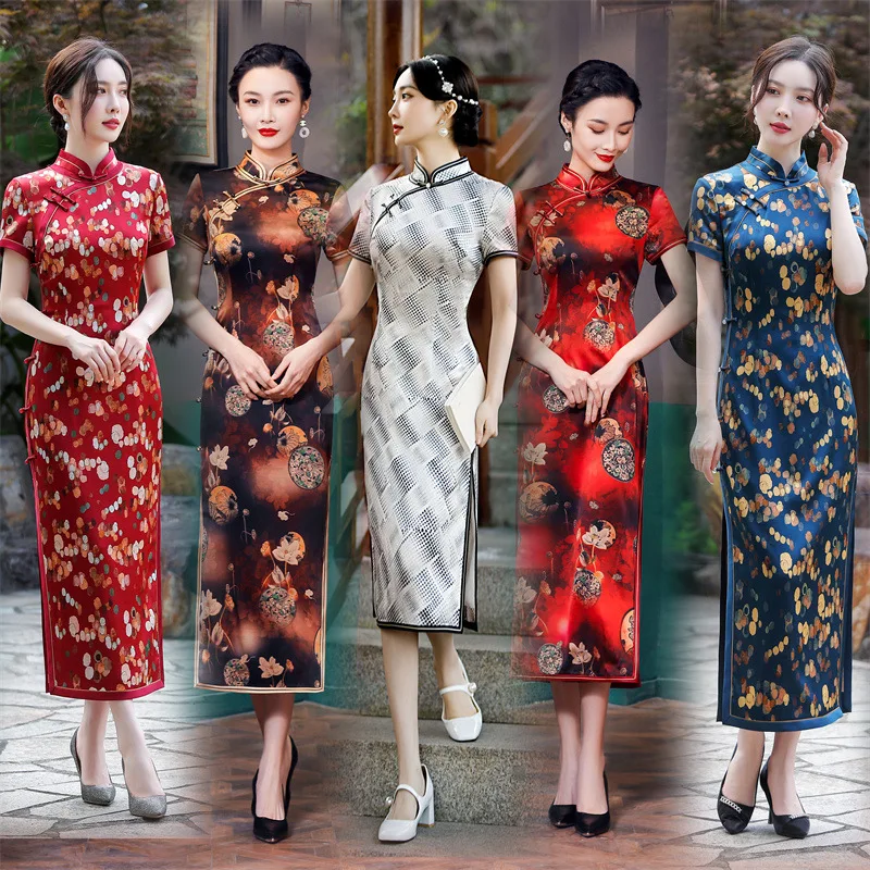 High Quality Silk Cheongsam Qipao Summer Real Show Belly Covering Waist Dress