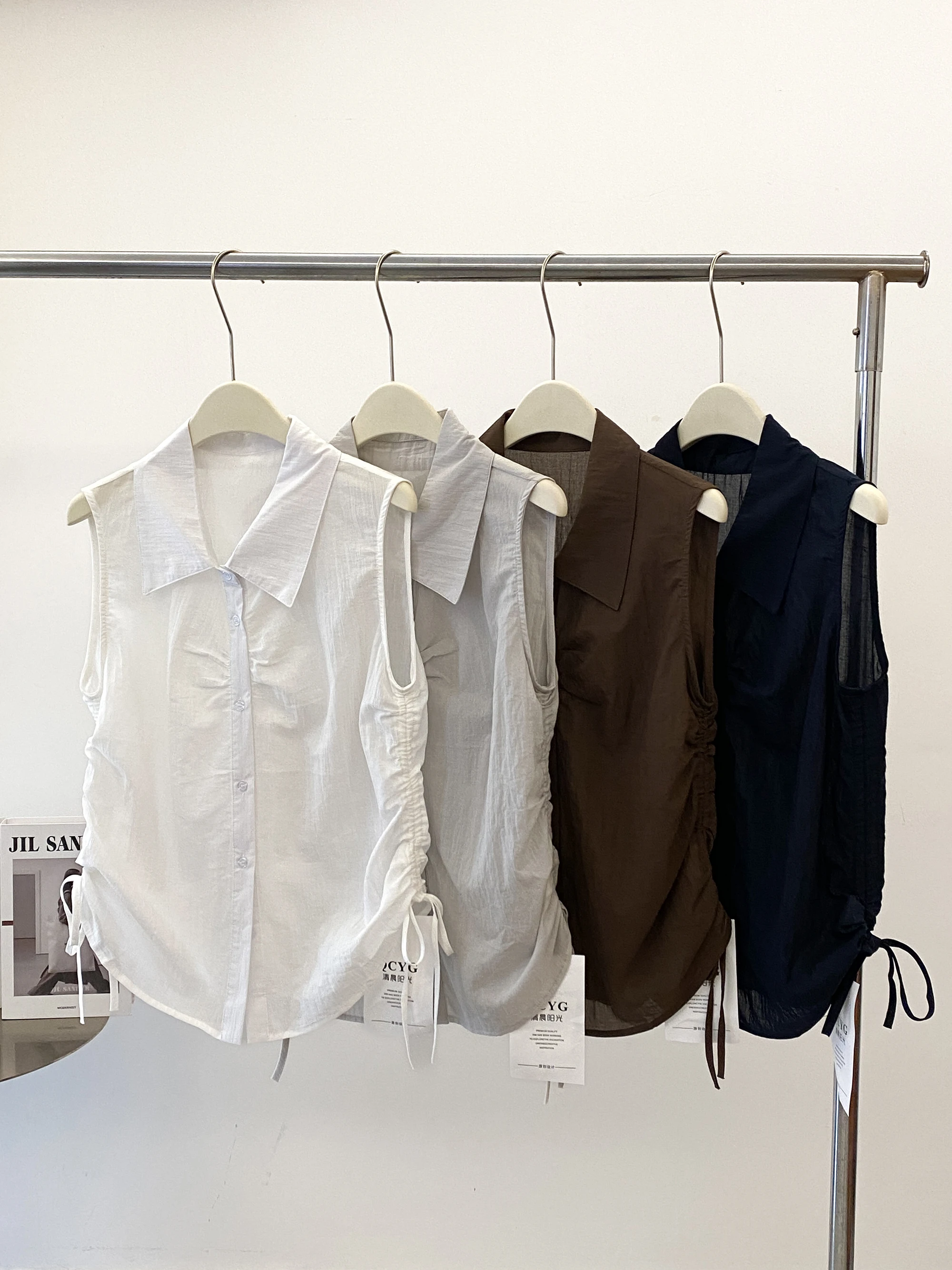 

Summer New Style Women's Sleeveless Shirt Drawstring Waist Pleated Collarless Cotton Linen Material Slimming Effect Short Length