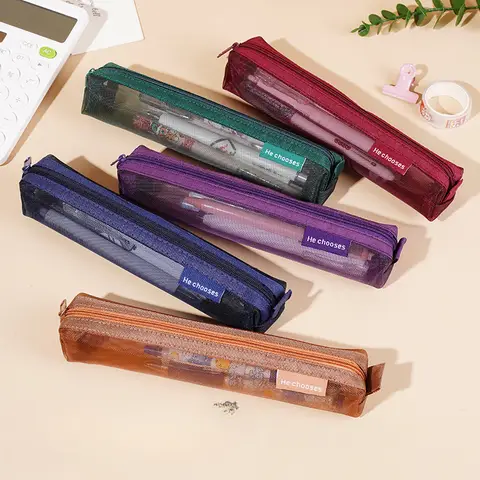 1 Pcs 간단한 메쉬 투명 연필 케이스 보관 펜 가방 지퍼 주머니 휴대용 미니 귀여운 편지지 사무실 학교 용품
